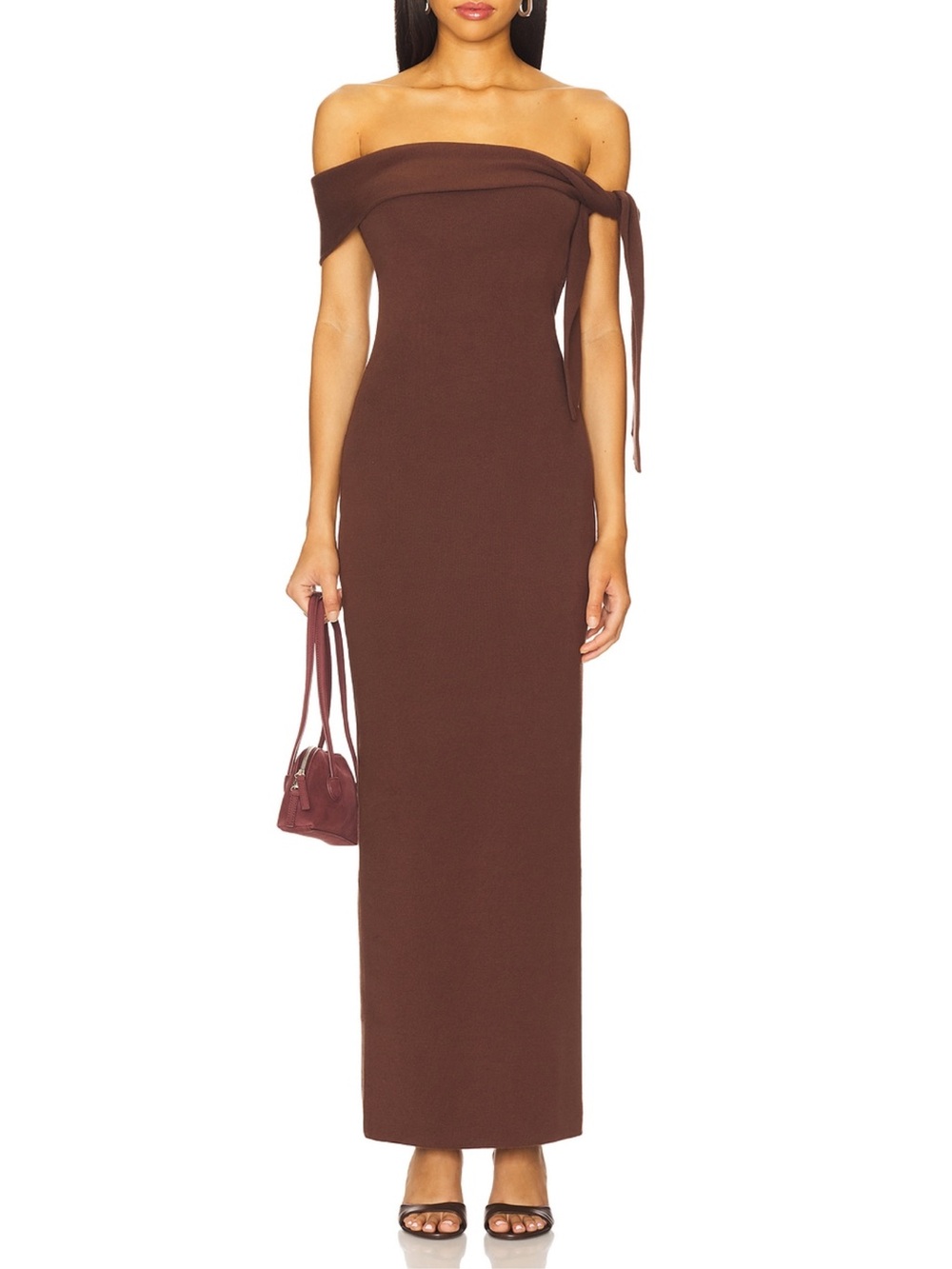 Asymmetrical One-Shoulder Maxi Dress in Dark Brown with Side Knot